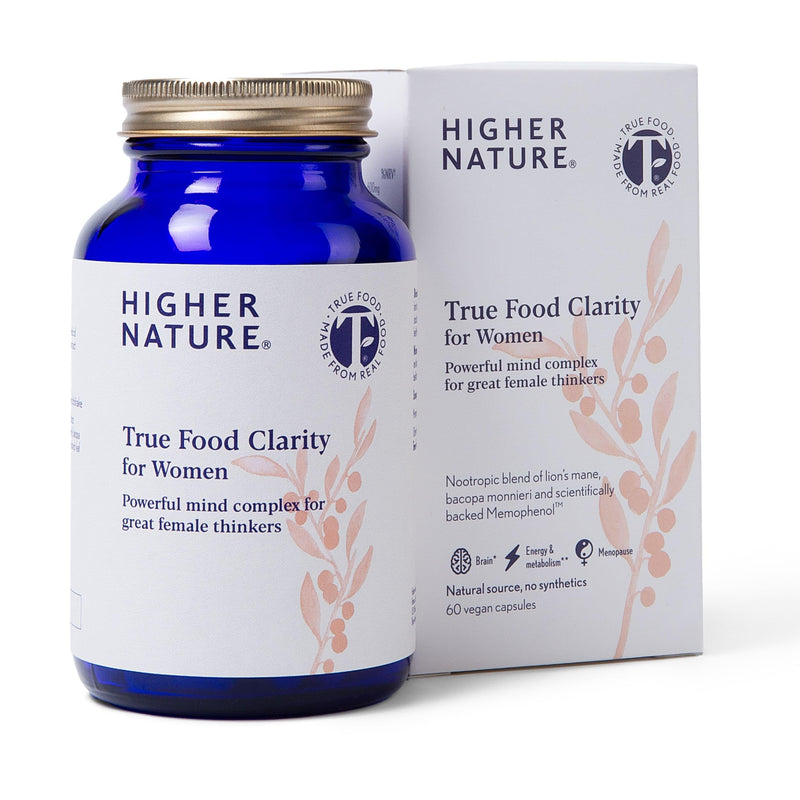 Higher Nature - True Food Clarity for Women - Nootropic - Support for Mental Clarity, Energy, Wellbeing & Cognitive Function - Lion's Mane & Vitamin B12 - Vegan - One Month Supply - 60 Capsules