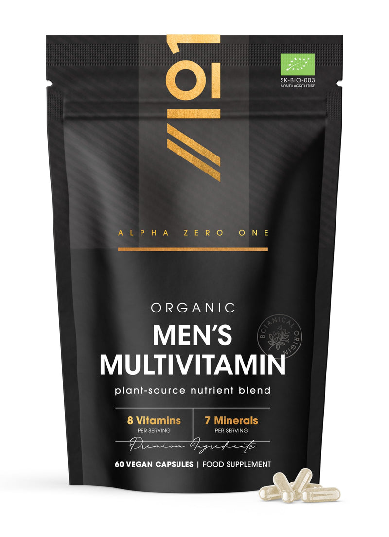 Organic Men's Multivitamins and Minerals - 100% Plant Based - 15 Organic Vitamins & Minerals – 60 Vegan Capsules – Resealable and Recyclable Pouch by Alpha01