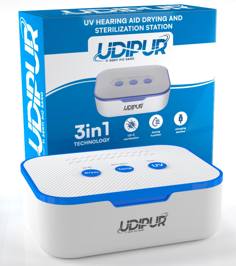 Hearing Aid Drying Station UV Sterilisation and Charging Functions Udipur 3in1 USB Type-C Max Temperature 50°C - 110x90x40mm