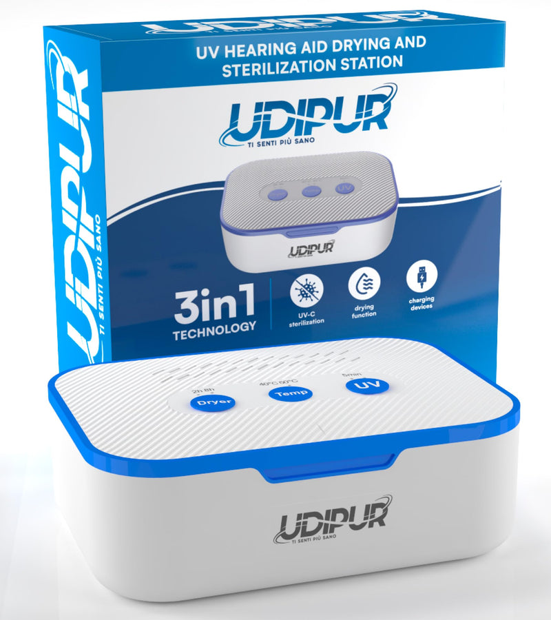 Drying Box with UV Sterilisation and Charging Function for Hearing Aids Udipur 3in1 Technology USB Type-C Maximum Temperature 50°C - 110x90x40mm
