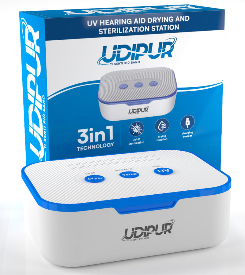 UV Sterilisation and Drying Station for Hearing Aids Udipur 3in1 with USB Type-C Charger 50°C - 110x90x40mm