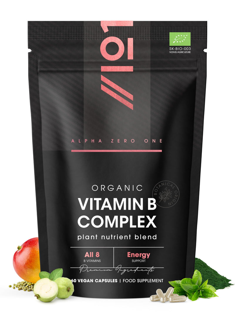 Organic Vitamin B Complex – 100% Plant Based Blend – 60 Vegan Capsules – All 8 B Vitamins B1 B2 B3 B5 B6 B7 B9 B12 – Energy Support – by Alpha01