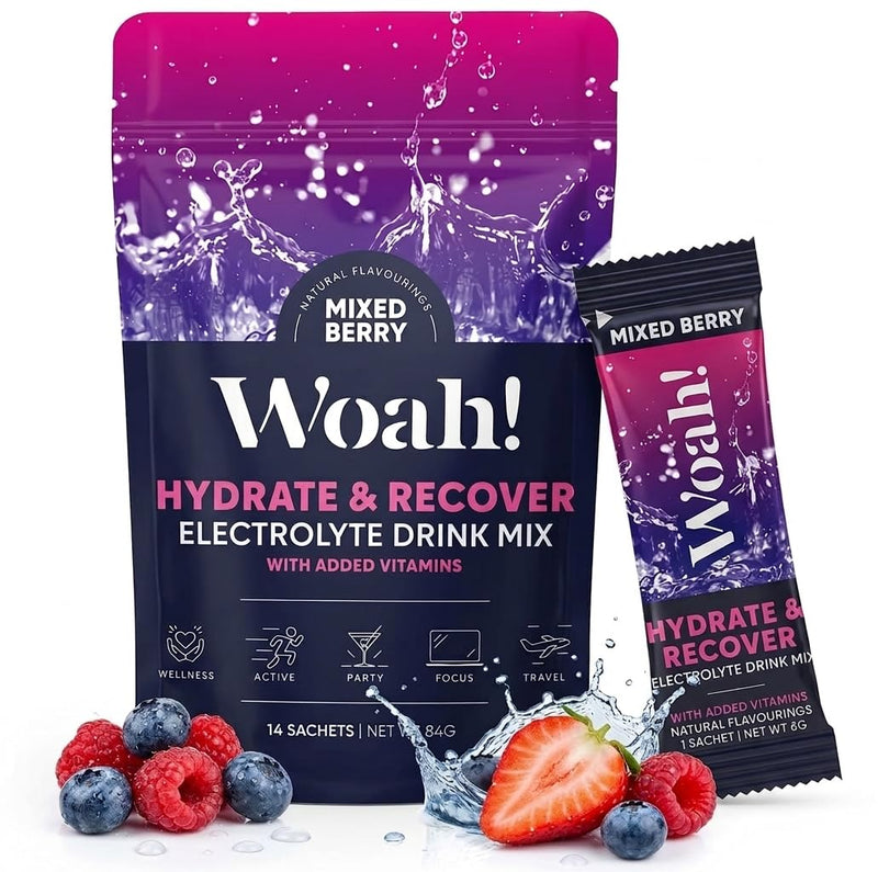 WOAH Electrolyte Powder Drink Mix – WHO ORS Hydration Formula, 5 Electrolytes + 5 Vitamins, Low Sugar, 15 Calories, Rapid Hydration & Recovery – Mixed Berry, 14 Sachets 14 Servings (Pack of 1)