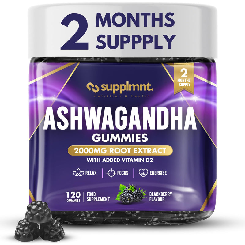 Supplmnt. Ashwagandha Gummies High Strength 2000mg with Vitamin D2 – 2 Months Supply Ashwagandha Root Extract Supplement, Vegan, BlackBerry Flavor, 120 Count