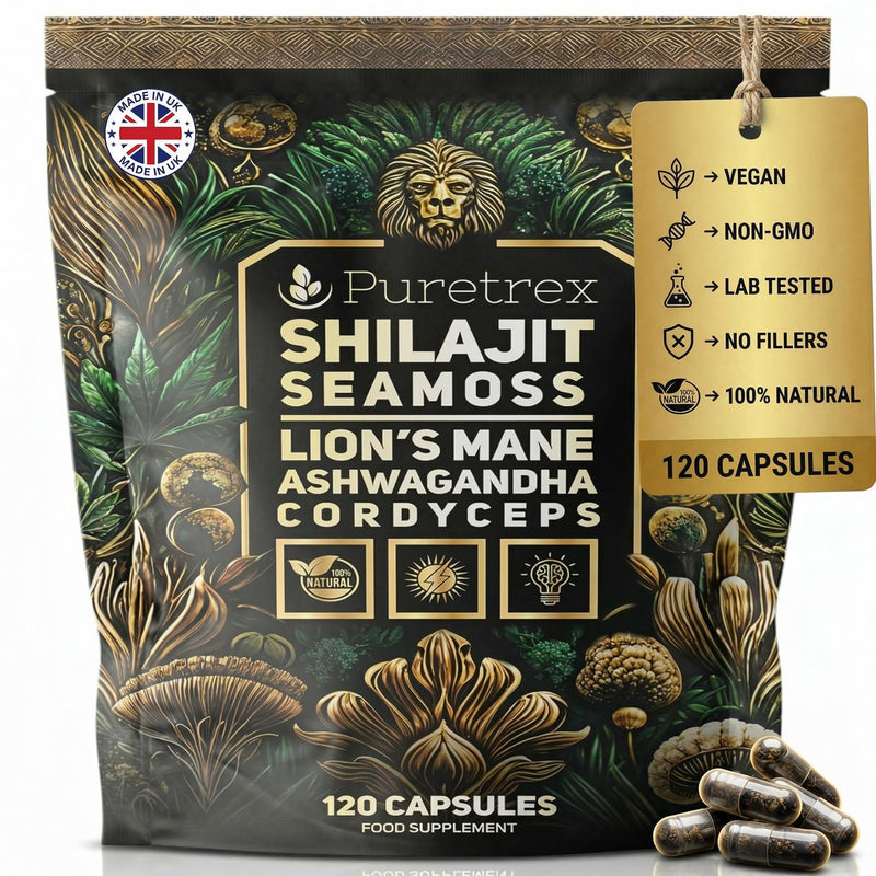 PURETREX Shilajit Seamoss Vegan Supplement 120 Capsules – Made in UK Lion’s Mane Ashwagandha Cordyceps Complex for Energy Focus Brain Support Immunity & Daily Wellness
