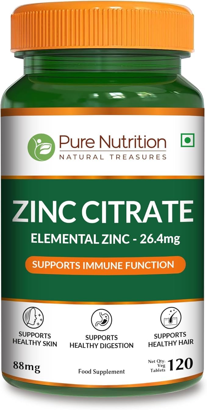 Pure Nutrition Zinc Citrate 26.4mg | 120 Veg Tabs | Highly absorbable Zinc Citrate Supplement to Support Skin, Eye and Immune Health* | Non GMO