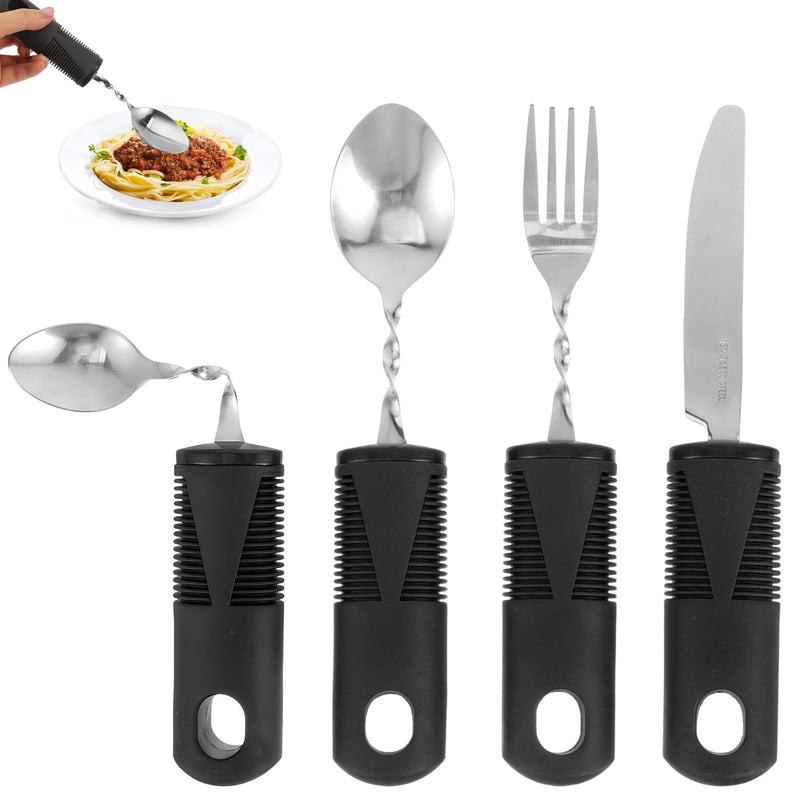 4 x Parkinson's Cutlery Spoon Thick Handle Easy Grip Vibrating Fork Diet Spoon Anti Shaking Foldable for Elderly Parkinson's and Tremors