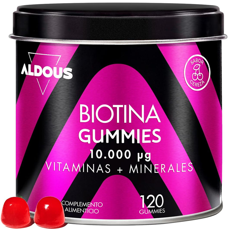 Biotin 10.000 mcg - 120 Gummies - Cherry Flavour | Hair Gummies - Folic Acid, Zinc, Selenium, Iodine + Vitamins - Biotin for Hair - Hair Skin & Nails Vitamins - Multivitamins