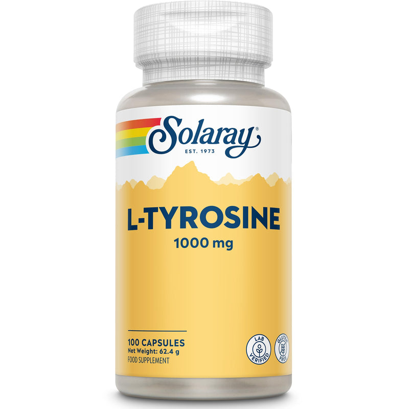 Solaray L-Tyrosine Free-Form Amino Acid Supplement 1000mg - 100 High Strength Capsules - 500mg L Tyrosine per Capsule - Lab Verified, Gluten Free 100 count (Pack of 1)