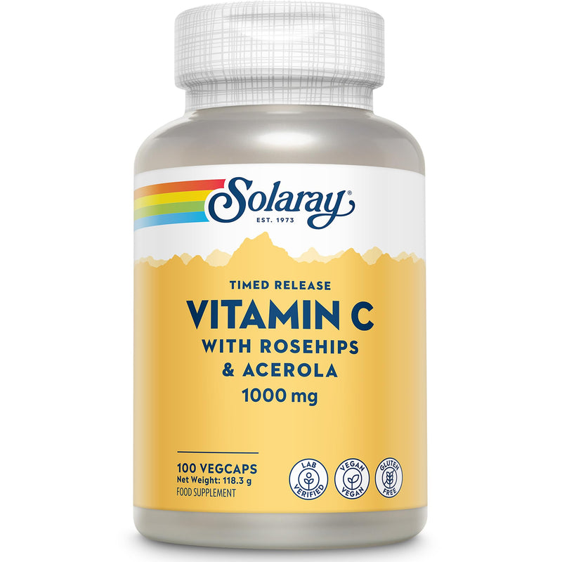 Solaray Vitamin C 1000mg Time Release Formula - 100 Vegan Capsules - High Strength VIT C with Acerola & Rosehip 2 Stage Sustained Release - 3+ Month Supply - Immune Support - Lab Verified 100 count (Pack of 1) Time Released Vit C