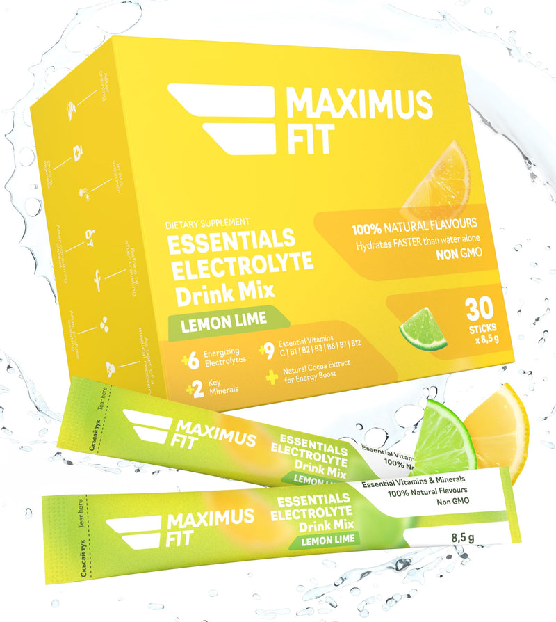 Maximus Fit Electrolytes Powder Sachets, Electrolyte Drink Mix Hydration Pack – Sodium, Magnesium Citrate, Vitamin C, B1, B2,B3,B6,B7,B12 – Natural Marine Plant Calcium & Zinc – 30 Sticks - Lemon/Lime 30 Servings (Pack of 1)