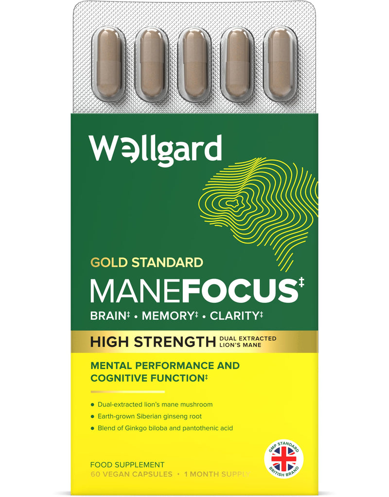 Wellgard Manefocus - Lions Mane Supplement Capsules for Mental Performance, Brain Health, Memory, Clarity, 60 Capsules