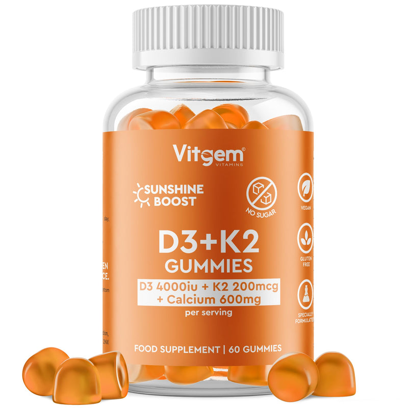 60 Gummies - Vitamin D3 4000 IU + K2 100 µg - Orange Flavored Gummy for Immune and Bone Health Support - High Strength Sunshine Vitamin D Supplement - Vegan, Gluten Free & Sugar Free 60 count (Pack of 1)