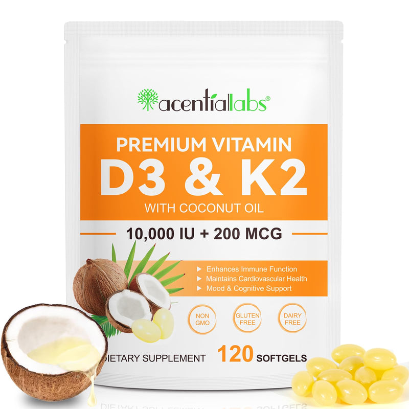 Premium Vitamin D3 & Vitamin K2 (MK-7) 120 Virgin Coconut Oil Softgels, 2 in 1 Vitamin D3 K2 Supplement Support Immune, Bones & Muscle Health, Easy to Swallow and Absorb | Gluten Free