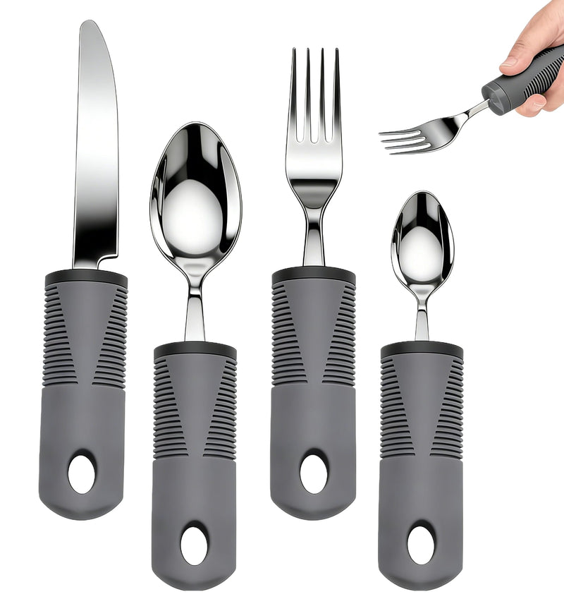 Easy Grip Cutlery Set of 4 Disability Aids, Extra Wide Handles Arthritis Aids with Knife Fork Spoon, Confortable Grips Dining Aid for Elderly Parkinson Disabled People Grey