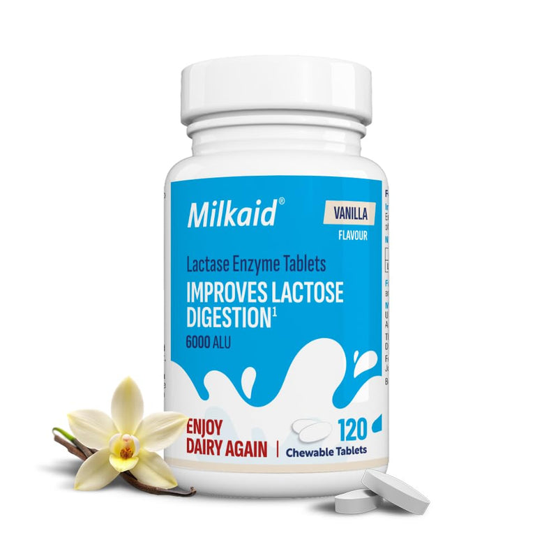 Milkaid Vanilla Lactase Enzyme Chewable Tablets for Lactose Intolerance Relief | Prevents Gas, Bloating & Diarrhoea | Fast Acting Dairy Digestive Supplement | Gluten Free & Vegan | 120 Tablets