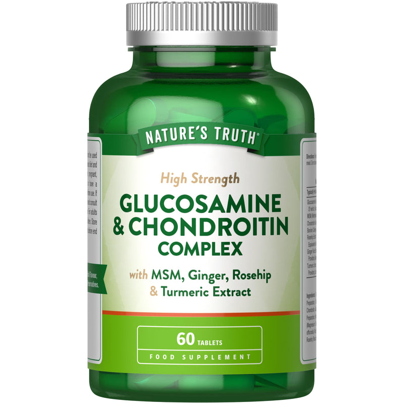 Glucosamine and Chondroitin High Strength | Complex with Glucosamine Sulphate 2KCl, MSM, Ginger, Collagen, Rosehip & Turmeric | 60 Tablets | Nature's Truth