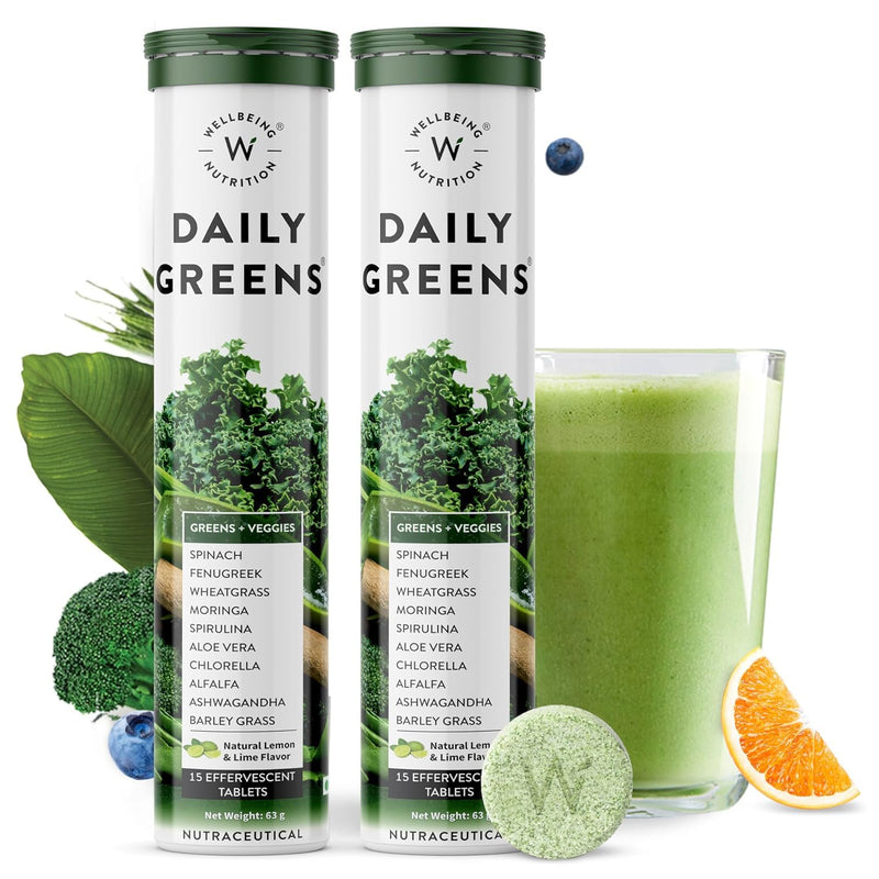 Wellbeing Nutrition Daily Greens | Wholefood Multivitamins with Vitamin C, Zinc, B6 for Immunity & Detox with Organic Certified Plant Superfoods & Antioxidants (2x15 Effervescent Tablets) 15 count (Pack of 2)