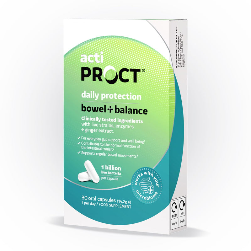 Probiotics for Bowel Balance & Gut Health – Food Supplement with 1 Billion CFU with Live Strains, Enzyme and Ginger Extract – Supports Regular Bowel Movements – 30 Vegan Capsules – ActiProct