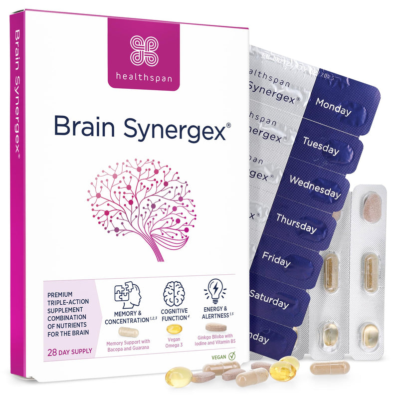 Healthspan Brain Synergex | 28 Day Supply | Brain Health Supplements | Ginkgo Biloba, Neuro-Vitamin Complex, Opti-Omega 3 & Phospholipid Complex