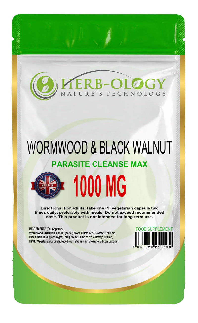 HB Wormwood | 120 Wormwood Black Walnut Capsules - 500mg Worm Wood Herb & 500mg Black Walnut per Serving | High Strength Worm Wood Capsules | Non-GMO, Gluten & Allergen Free | Made in The UK 120 count (Pack of 1)