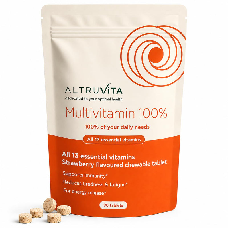 Multivitamin 100% - 90 Chewable Tablets, 3 Month Supply - All 13 Essential Vitamins A, B, C, D, E & K2 for Men & Women - Vegan Friendly, Natural Strawberry Flavour, UK Made