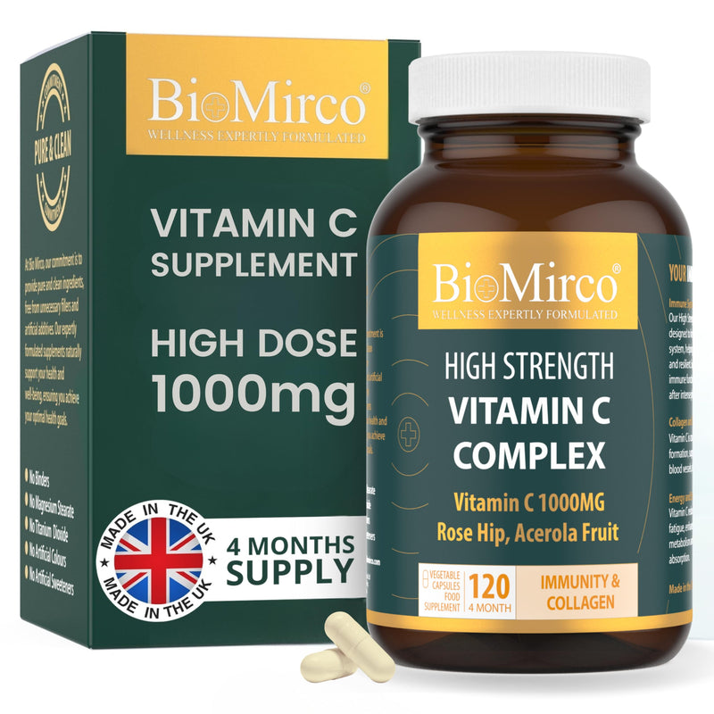Vitamin C 1000mg Capsules, High Strength Supplement, Immune Support Vitamins, High Dose, Alternative to VIT C Powder/Tablets, Immunity Supplements, Rose Hip, Acerola Fruit, Complex, Made in The UK Vitamin C 120 Count
