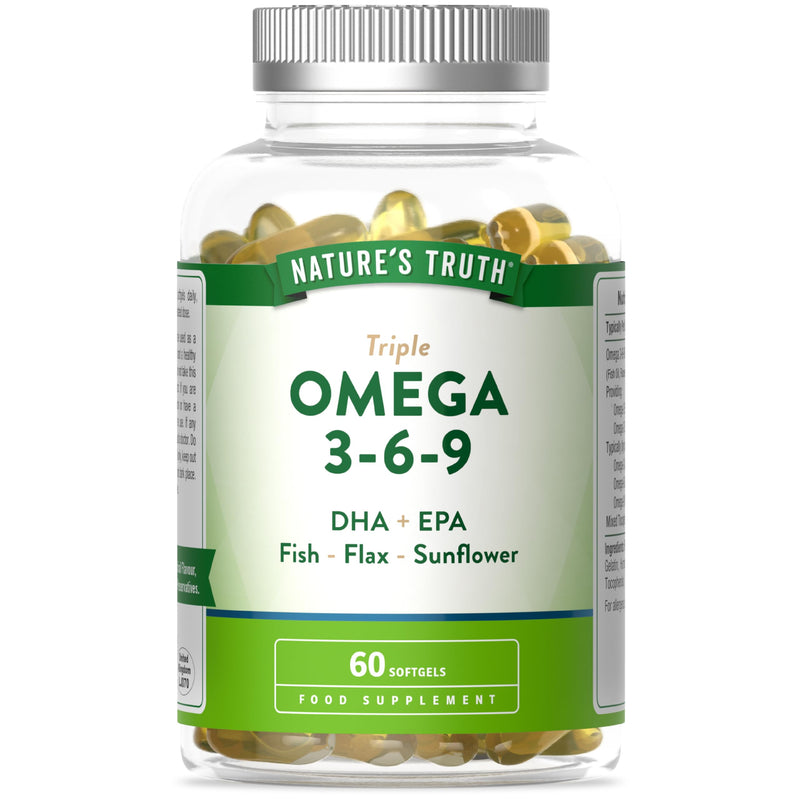 Triple Omega 3 6 9 Capsules 2000mg | High Strength DHA & EPA | Fish, Flax and Sunflower Oil | Fatty Acid Supplement | 60 Softgels | Nature's Truth