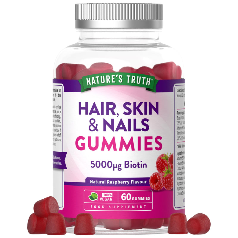 Hair, Skin, Nails Gummies | 5000µg Biotin, Vitamin C, E, Zinc, Iodine & More | Beauty Vitamins | for Women & Men | 60 Raspberry Gummies | Vegan | Nature's Truth