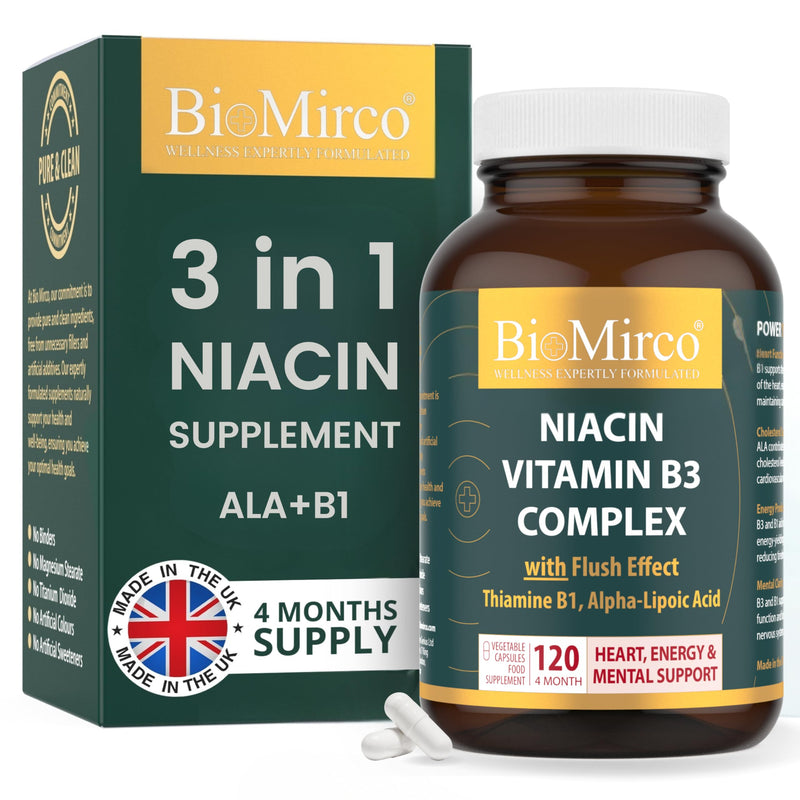 Niacin Supplements with Flush Effect, B3 Vitamin Supplement, Nicotinic Acid, B1 Thiamine, ALA, 120 Capsules, Cognitive Function, Cholesterol, Heart & Energy, 50mg Active Form (niacinamide alternative) Niacin B3 Complex 120 count (Pack of 1)