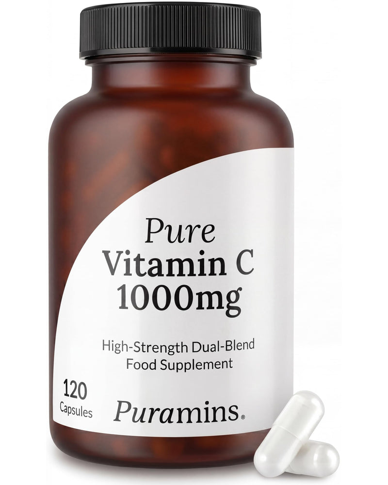 Pure Vitamin C 1000mg, No Additives, 120 High Strength Capsules, 2-4 Month Supply, Ascorbic Acid & Sodium Ascorbate Immune Support, Vegan, Laboratory Tested and Made in the UK by Puramins