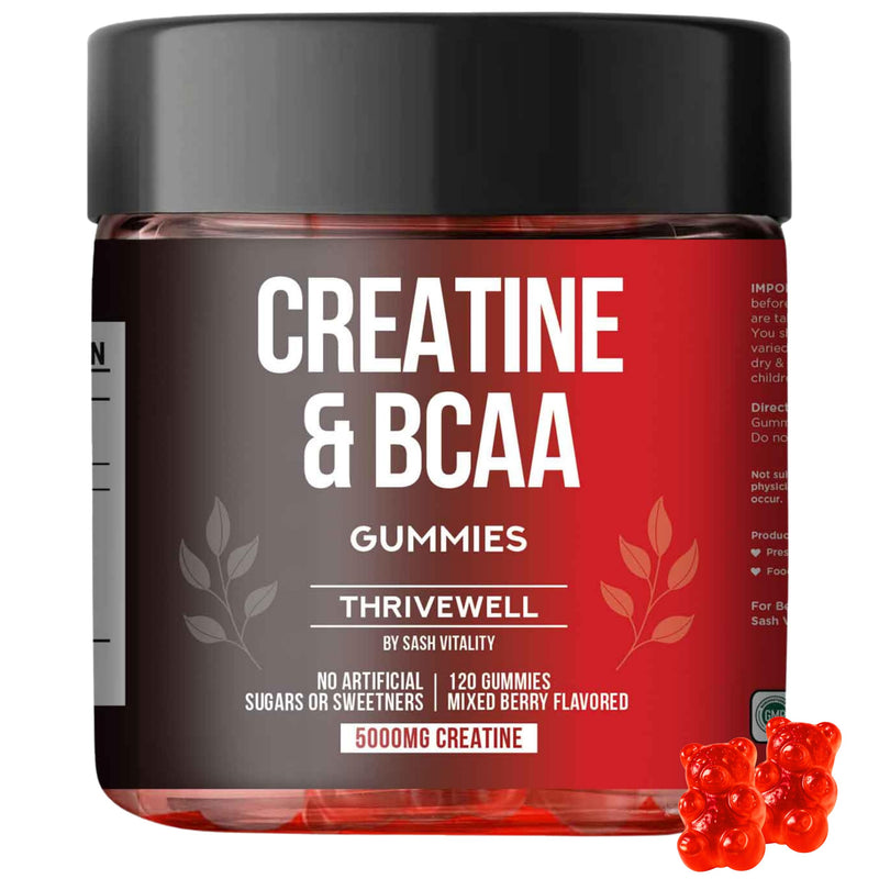 Creatine Monohydrate Gummies 5000mg with 1000mg BCAAs | 45 Days Supply | Naturally Sweetened | No Artifical Sugars | Premium Vegan Gummies | Mixed Berry Flavour | 120 Gummies 1 count (Pack of 120)