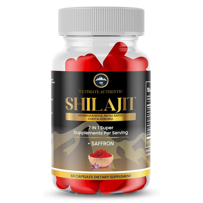 Ultimate Vitality Supplement Shilajit Capsules - Ashwagandha, Musli Safed, Gokhru, Saffron & More - Energy Stamina Stress Relief - 100% Natural Ayurvedic Formula - 60 Capsules