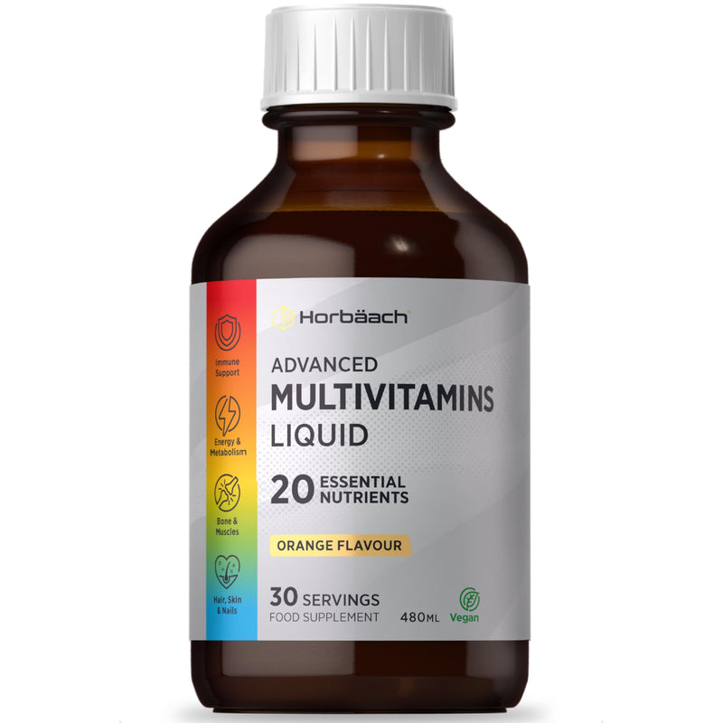 Multivitamin Liquid for Adults | 480mL (30 Servings) | Orange Flavour | 20 Essential Nutrients for Overall Wellness | Vegan Food Supplement | By Horbaach