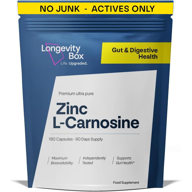Zinc L-Carnosine Supplement - 75mg x 180 Capsules of Maximum Bioavailable Zinc L-Carnosine 2 Per Serving, Supports Gut Health, Nutrient Absorption, Digestive Comfort - 3 Months Supply 180 count (Pack of 1)