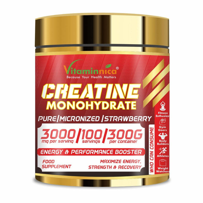 Vitaminnica Micronized Creatine Powder, 100% Pure Creatine Monohydrate Powder for Performance and Muscle Power | 100 Servings, 300 g (300g, Strawberry) 300g