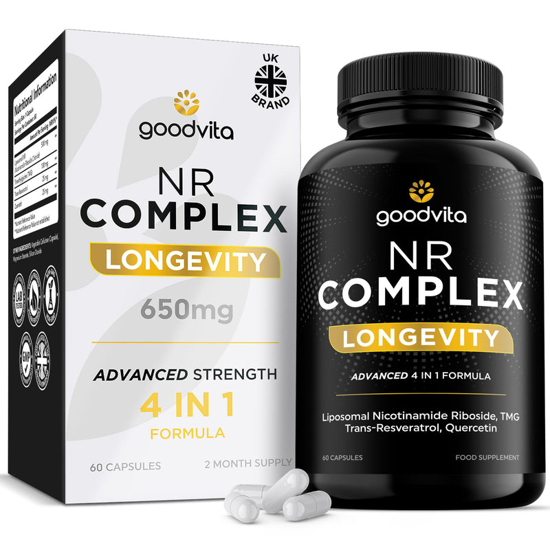 Nicotinamide Riboside NR Supplement (4 in 1 Complex) 60 Caps, 2 Months Supply | UK Made | Boost NAD+ Anti-Aging | TMG Resveratrol Quercetin | Liposomal Highest Bioavailability
