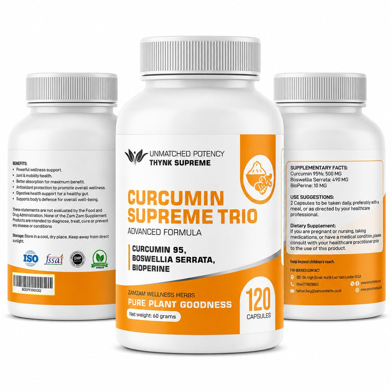 Curcumin Supreme Trio with 95% Curcumin, Boswellia Serrata & BioPerine® | Natural Joint, Mobility & Immune Support | Anti-Inflammatory Turmeric Supplement | 120 Vegan Capsules
