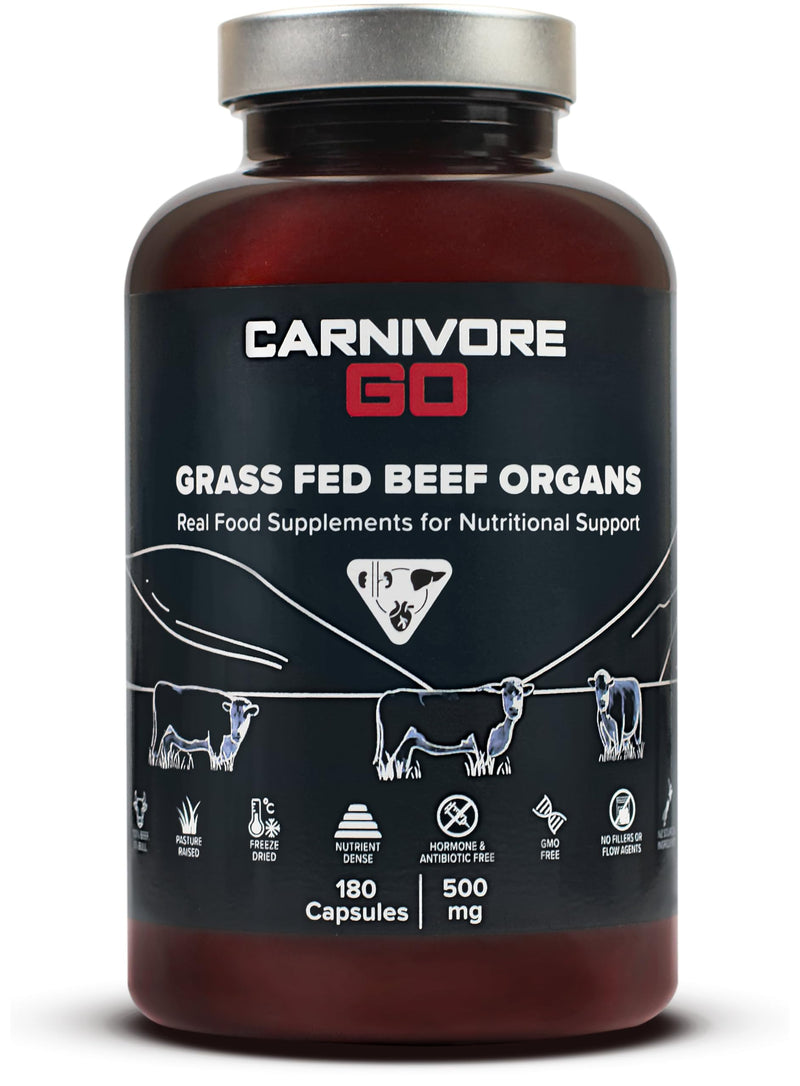 100% Grass Fed Beef Organ Supplements (Liver, Heart, Kidney), 180 x 500mg, Desiccated Beef Organs Capsules - Pasture Raised, High Protein - Ancestral Nutrition - UK Made, No GMO, Hormones, Antibiotics 1