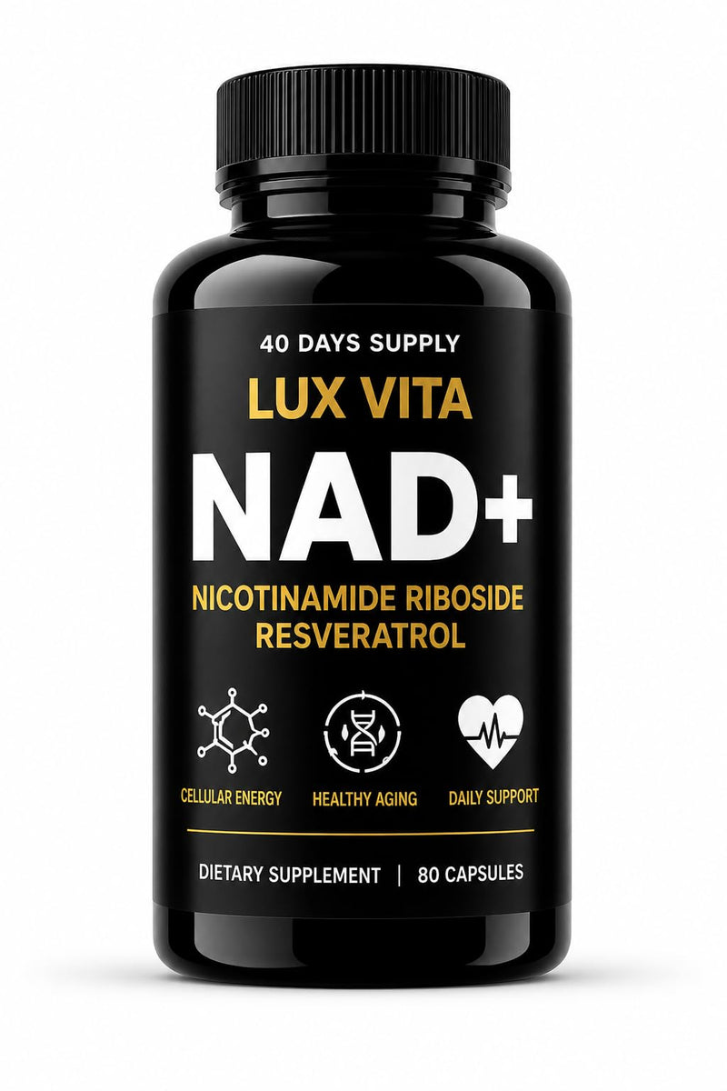LuxVita NAD+ Supplement | 500mg Nicotinamide Riboside (NR) with Quercetin Phytosome & Trans-Resveratrol | NAD Supplements UK | Cellular Energy, DNA Repair & Healthy Ageing | 80 Vegan Capsules