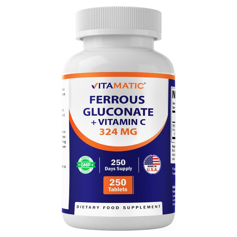 Vitamatic Ferrous Gluconate 324 mg + Vitamin C 100 mg - No Artificial Color Additives - Gentle on Stomach - 250 Coated Tablets - Made in USA