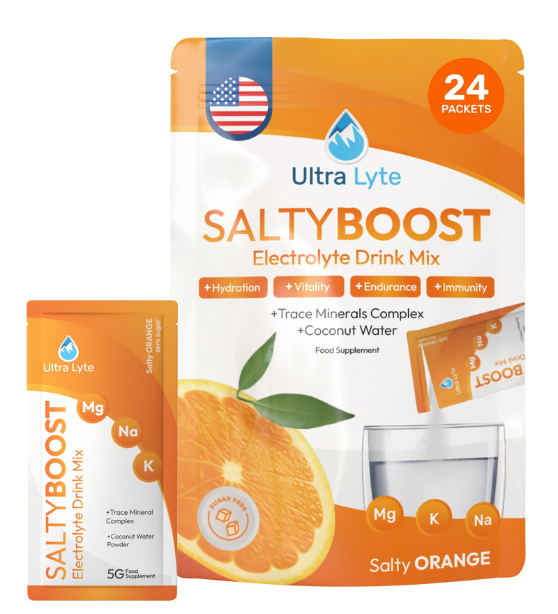 Ultra Lyte Electrolytes Drink Mix Sachets - Sugar-Free Electrolytes Powder with High Sodium, Trace Minerals and Coconut Water - Rehydration for Fitness (24 Sachets, Salty Orange) 24 Sachets