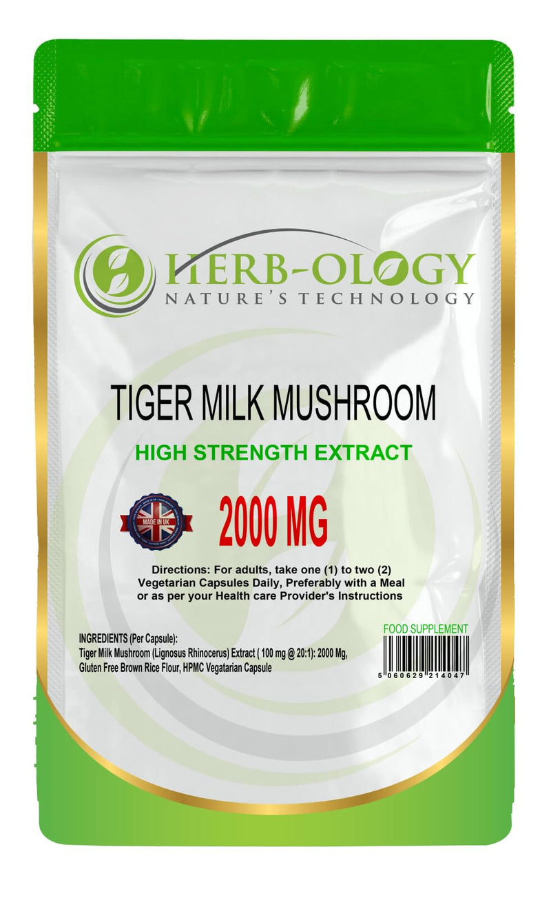 HB Tiger Milk Mushroom | 60 High Strength Tigers Milk Supplement - 2000mg TMM (100mg @ 20:1) Extract per Serving | Mushroom Capsules | Non-GMO & Made in The UK 60 count (Pack of 1)