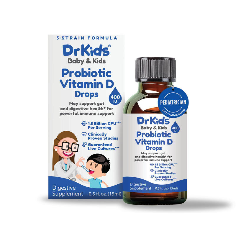 Dr. Kids Probiotic Vitamin D Drops - Supports Infant & Child Gut Health, Helps Reduce Gas, Colic & Fussiness, Baby Probiotic Drops with Vitamin D3, Pediatrician Recommended, Unflavored, 15ml