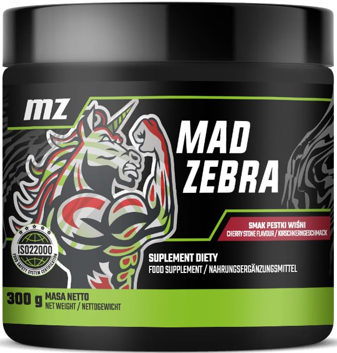Mad Zebra Pre-Workout Powder 300g - 2000 mg L-Citrulline and 3000 mg L-Arginine per Serving - 30 Servings for Enhanced Energy and Stamina - Bitter Cherry Flavour - by MZ Cherry stone