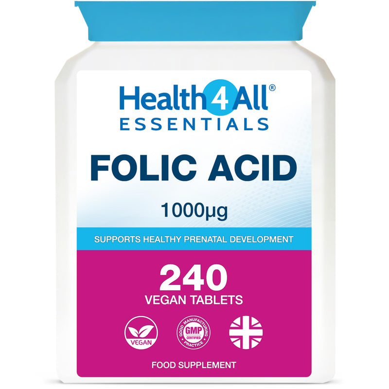Folic Acid 1000mcg 240 Tablets 8 Month Supply High Strength Vitamin B9 Supports Energy, Blood Formation, Immune System & Pregnancy, Vegan UK Made - Health4All 240 count (Pack of 1)