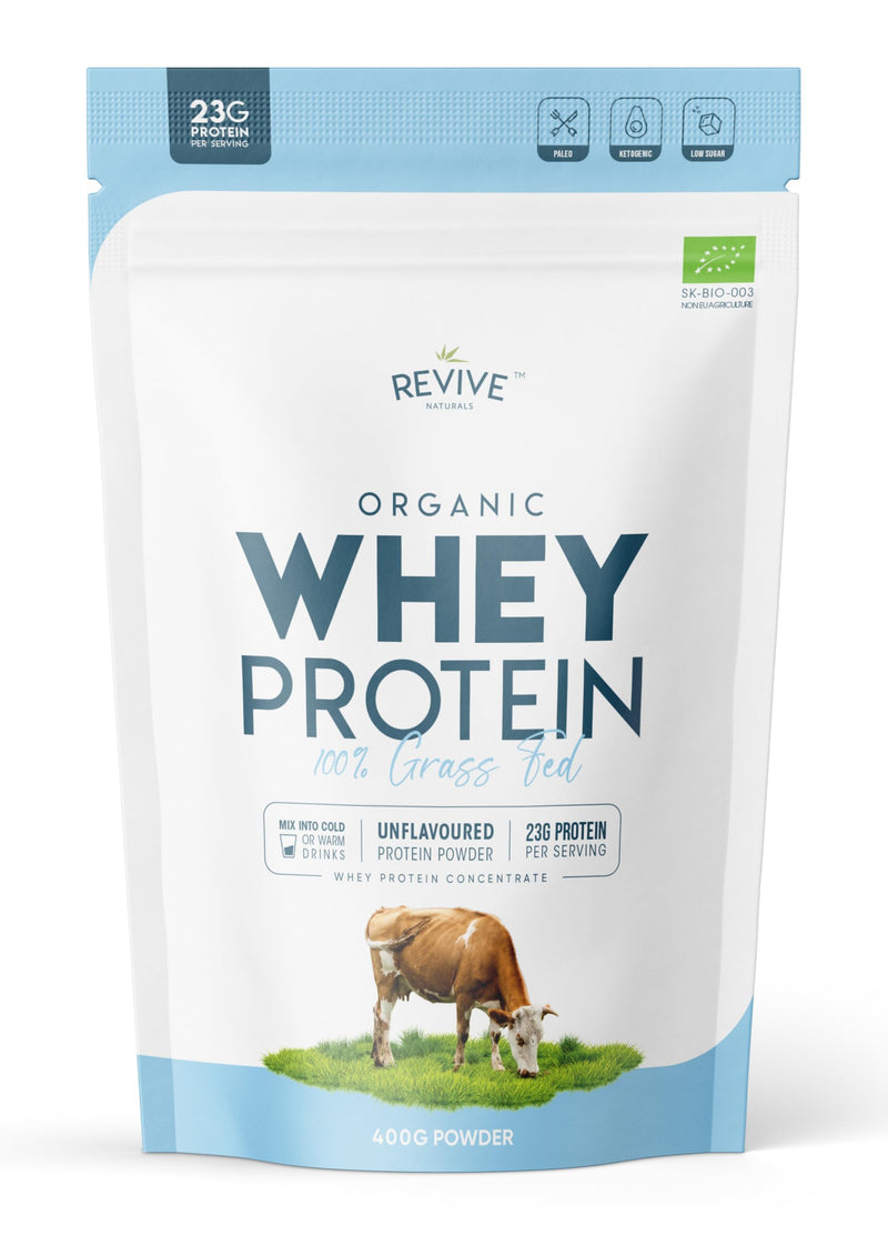 Organic Whey Protein Powder 400g – Grass Fed Unflavoured Organic Protein Powder– Resealable and Recyclable Pouch by Revive Naturals 400g (Pack of 1)