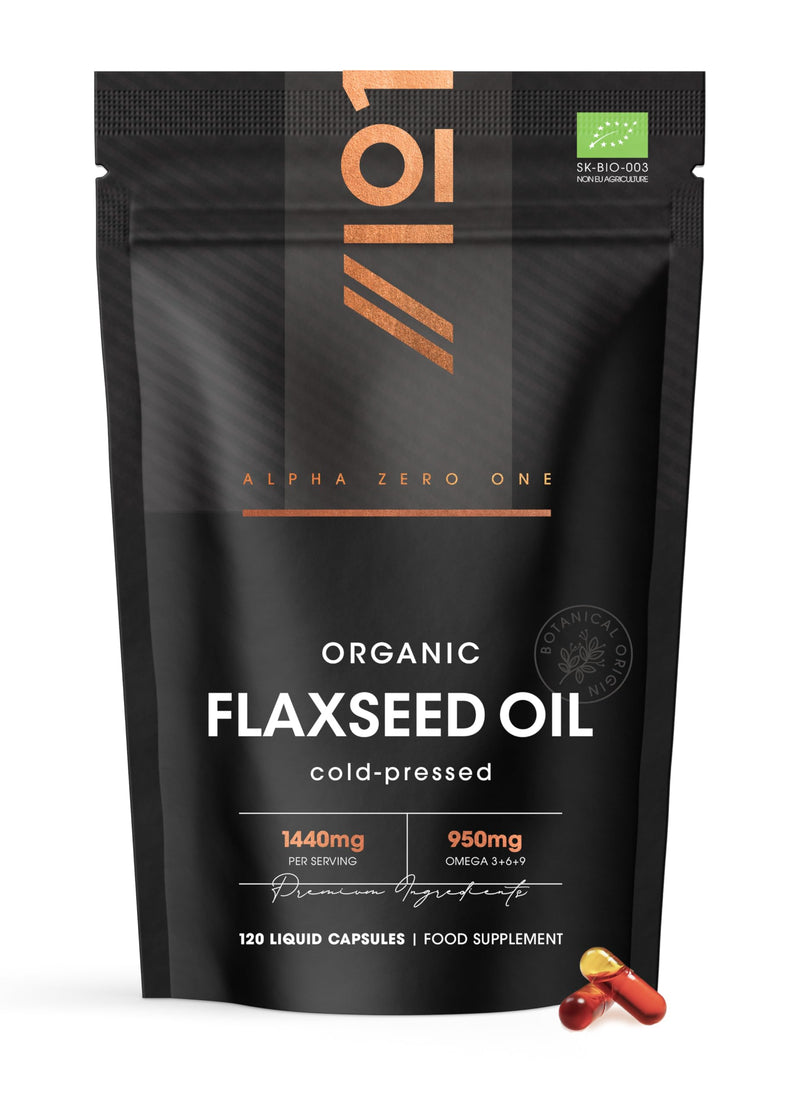 Organic Flaxseed Oil Capsules 1440mg - 64% Omega 3-6-9 – 120 Count – Cold Pressed – Rich in Alpha Linoleic Acid, Linoleic Acid & Oleic Acid - by Alpha01 1 count (Pack of 120)