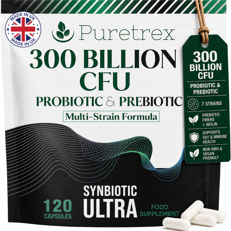 Puretrex Probiotics for Women & Men 300 Billion CFU, UK Made, Vegan Gut Health Synbiotic Formula with Digestive Enzymes & BioPerine, Probiotics and Prebiotics, 7 Strains, 120 Capsules, 60 Day Supply