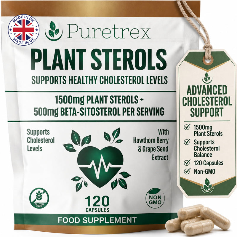 PURETREX Plant Sterols 2000MG Complex with Beta-Sitosterol - Supports Healthy Cholesterol Levels - with Hawthorn Berry & Grape Seed Extract - 120 Capsules - Gluten-Free & Non-GMO Food Supplement